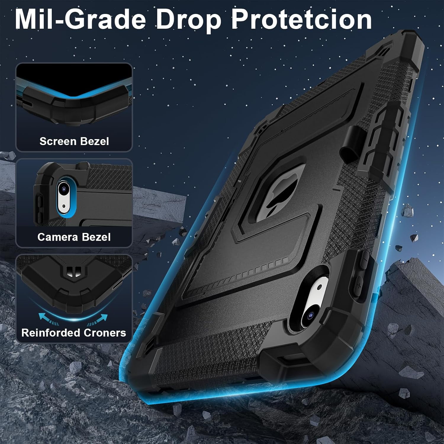REQO Heavy Duty Protective Tablet Case for iPad 11th/10th Gen 2025/2022, 3 in 1 Robot Silicone Cover with Pencil Holder,Shoulder Strap, Large Bracket Fold Kickstand