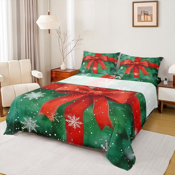 jejeloiu Red Bowknot Twin Sheet Set,New Year Xmas Snowflake,Red White Decor For Girls,3-Piece