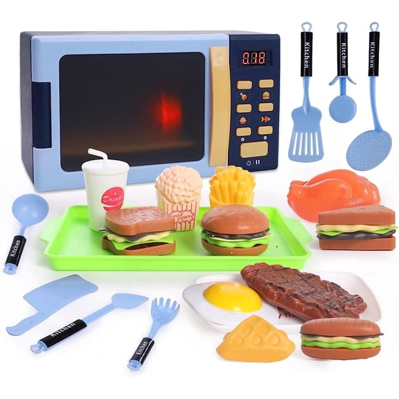 Style-Carry Kids Microwave Toy, Toy Kitchen Appliances, Play Kitchen Accessories and Play Food for Toddlers 3-8 Year Old Girls Boys (Blue)