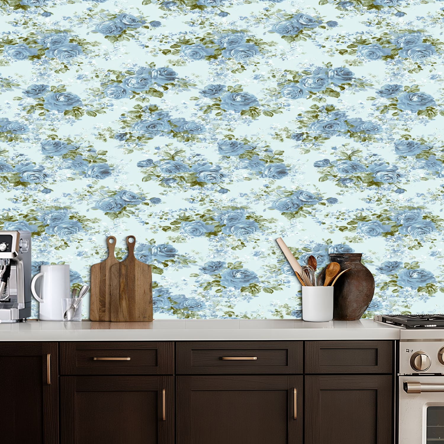 Flower Peel and Stick Wallpaper 17.7in x 9.8ft Blue Rose Floral Soft Green Accents Light Contact Paper Vinyl Waterproof Self Adhesive Wall Paper for Bedroom Shelf Cabinet Renter Friendly