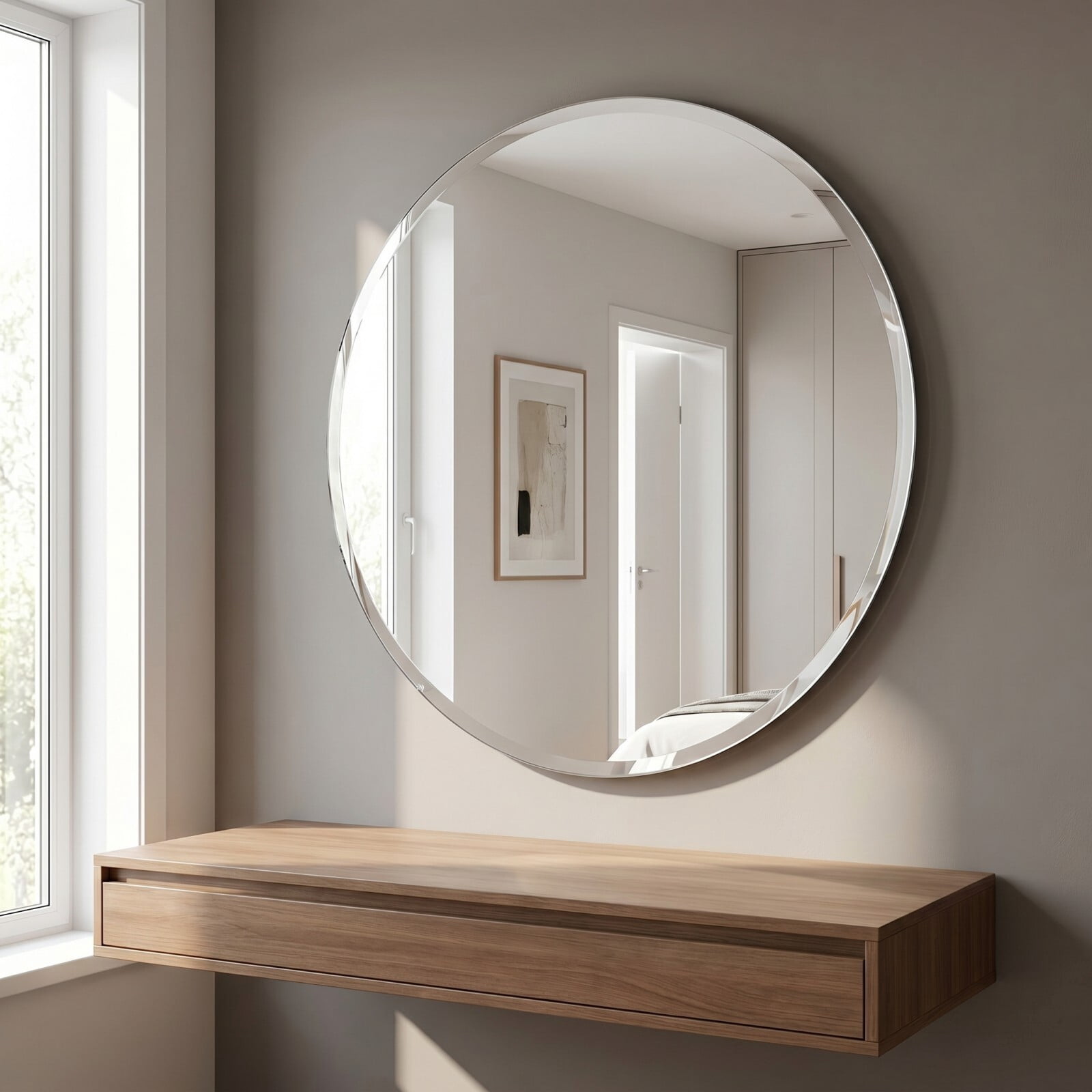 Easy4Home 18"x18" Frameless Circle Bathroom Mirror Beveled Vanity Wall Mirror