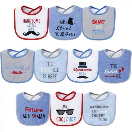 UPC: 0660168560350 | Hudson Baby Infant Boy Cotton Terry Drooler Bibs with Fiber Filling 10pk  Handsome Eyes  One Size