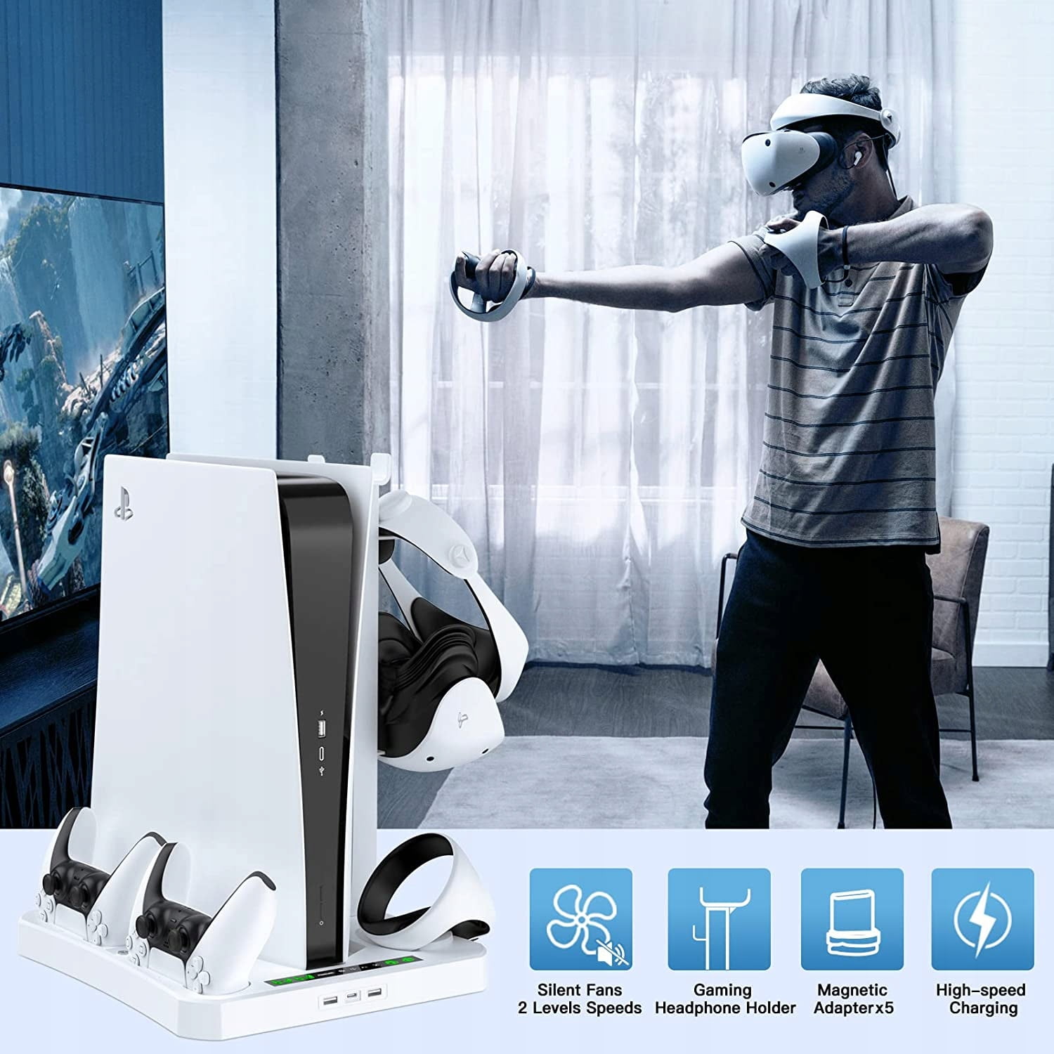 GAEKOL Charging Dock With Cooling Fan Funtion For Playstation 5+PS VR2 Controller Charging Station With Indicator Light For PS5 Dualsense & Organise Stand For PS VR2