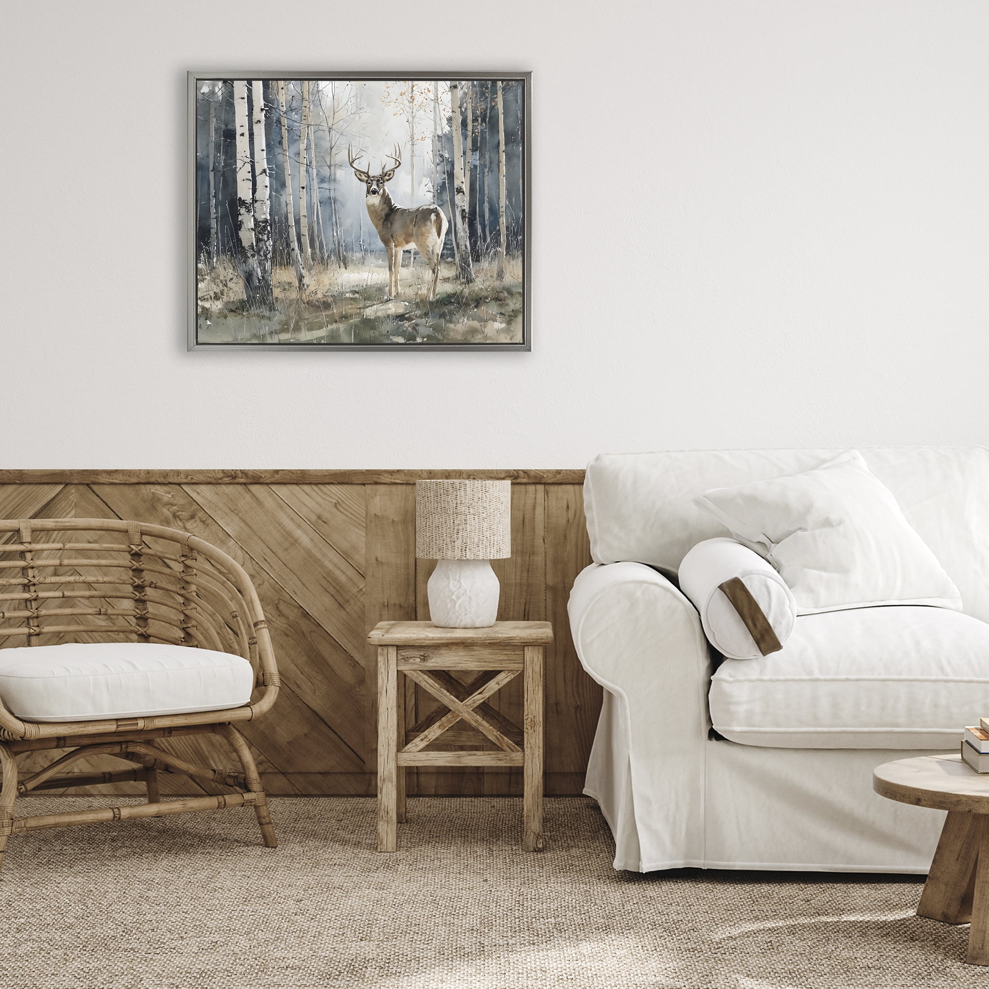 Stupell Industries Lone Stag in Birch Forest Gray Framed Floater Canvas Wall Art, design by Franklyn Gregory