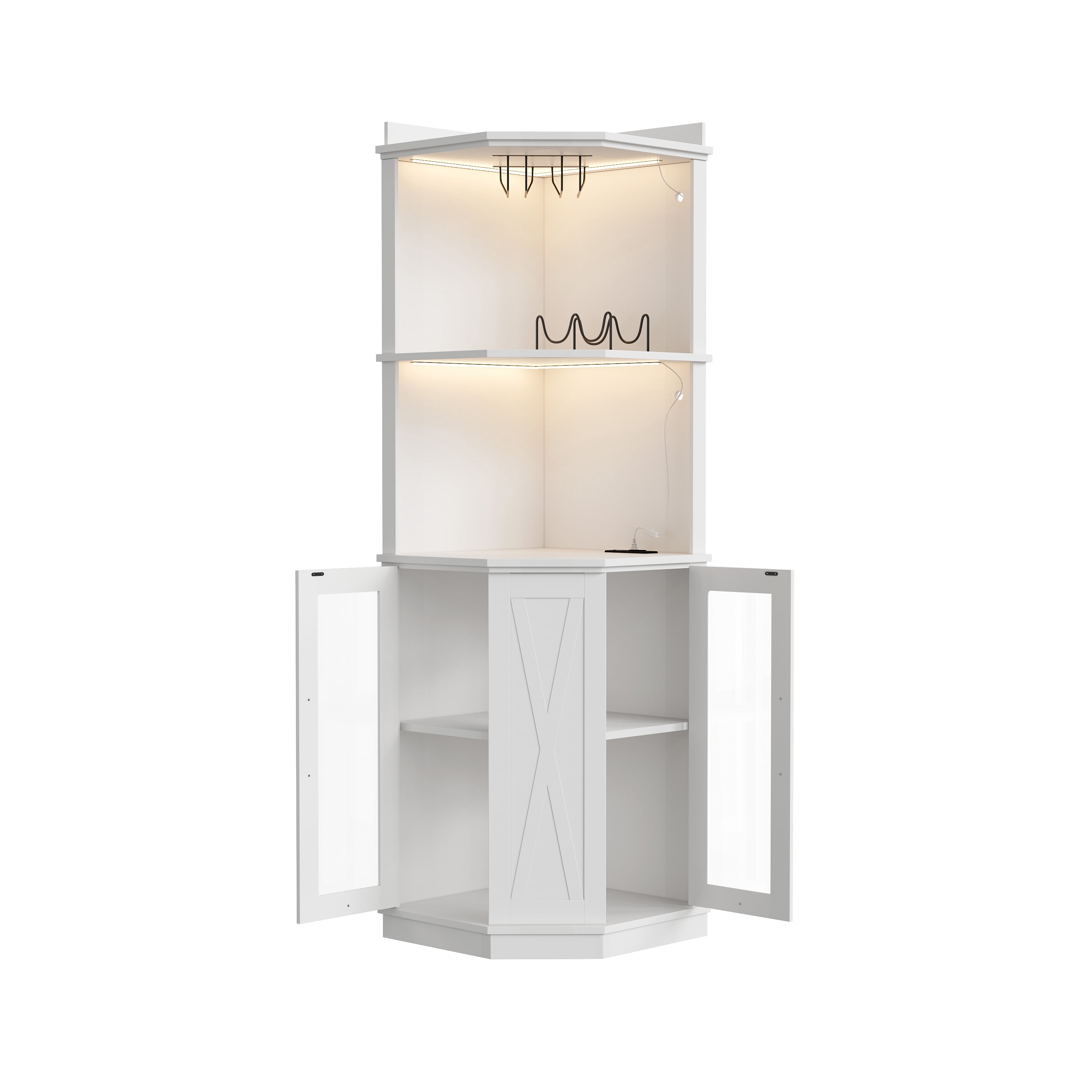 GARITIN 67.3 Inch Corner Bar Cabinet with Power Outlet, Farmhouse Wine Bar Cabinet with Adjustable Shelves, Lights & Glass Rack for Dining Room Living Room, White