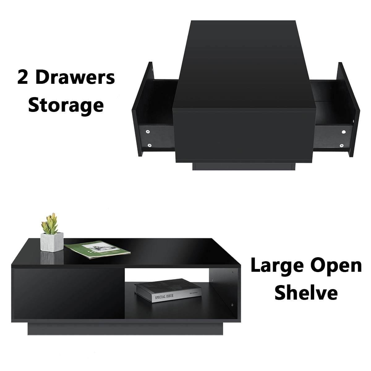 Hommpa LED Coffee Table Modern Side Tables High Gloss Black Cocktail Table with 2 Drawers Open Shelf for Living Room