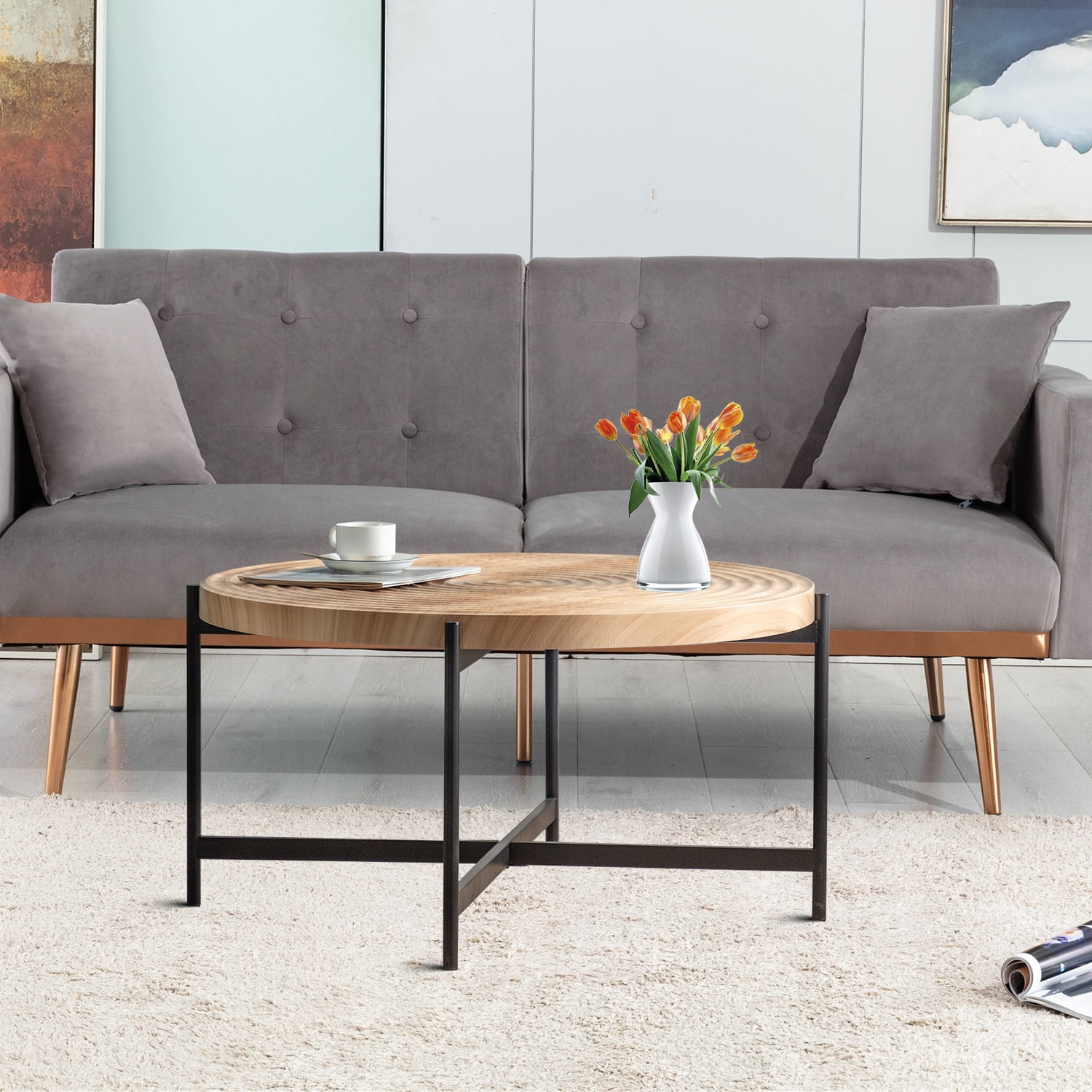 Concise Thread Design Round Low Coffee Table with MDF Table Top and