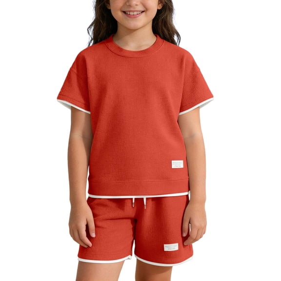LIIPEE Girls Outfit Sets Casual Summer Solid Color Knitted Texture Short Sleeve Crew Neck Tee Tops Shorts 2 Piece Set Kids Lightweight Comfortable Breathable Soft Daily Clothing,Orange,3-4 Years