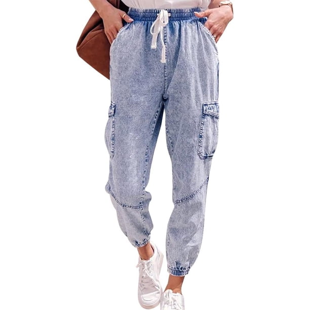 LONGYIDA Pantalones deportivos de mezclilla para mujer, cintura alta, elásticos, de tiro alto, sin cierre