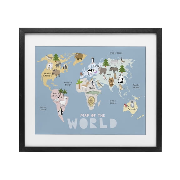 Kid's Map Of World Blue Black Framed Print Under Glass, design by Carla Daly