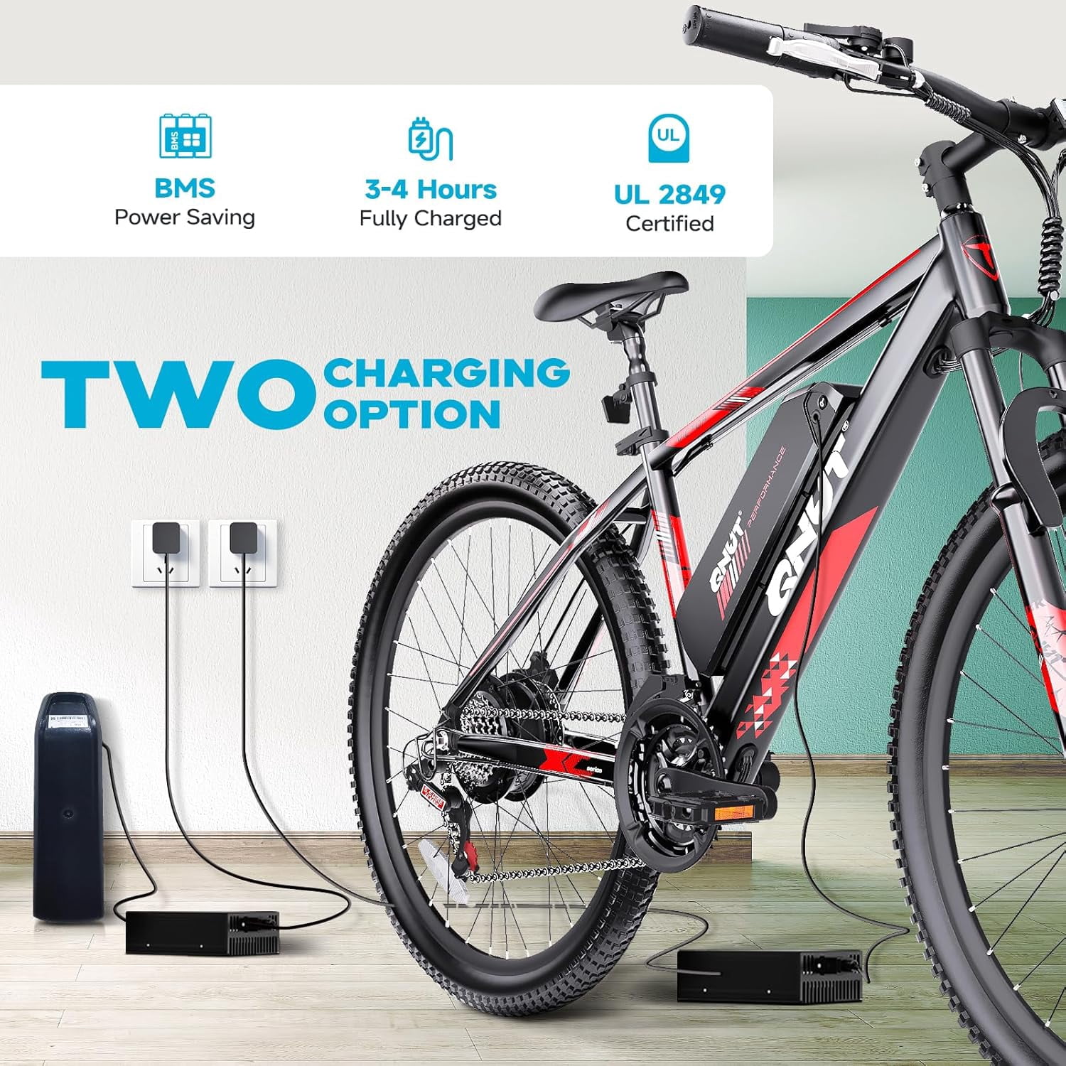 QNUT Victor 3.0 Electric Bicycle for Adults-350W,26 inch,21-Speed,Up to 40 mile Range,3 Modes, Smart LCD, Dual Disc Brakes, UL 2849 Certified Black-Red
