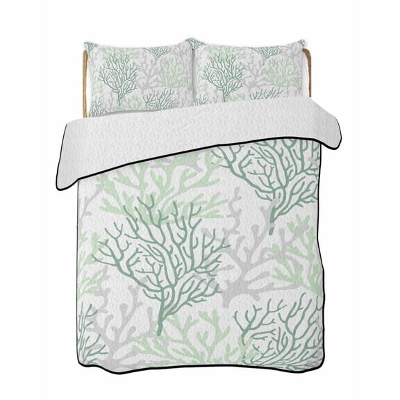 Quilts Twin Size Bedding Set, Sage Green Coral Coastal Lightweight Quilted Comforter, Summer Beach Seaside Nautical Soft Reversible Bedspread Coverlet with Pillow Covers for All Season, 68" x 86"