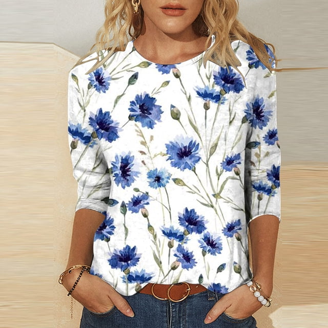 Meichang Hauts d'Été à Manches 3/4 pour Femmes Col Rond T-Shirts Décontractés Mode Imprimé Feuille Chemises Légères Pull d'Automne Blouses Douces