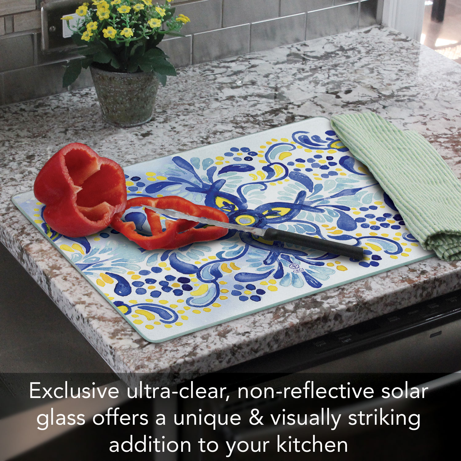 CounterArt Portugal Tile Pattern 3mm Tempered Glass Cutting Board 12" x 15"