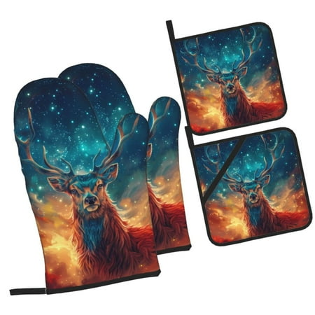 

Balery Celestial Stag Cosmic Glow Pattern Oven Mitts and Pot Holders 4 pcs Set Kitchen Oven Glove High Heat Resistant 500℉ Oven Mitts with Non-Slip Silicone Surface