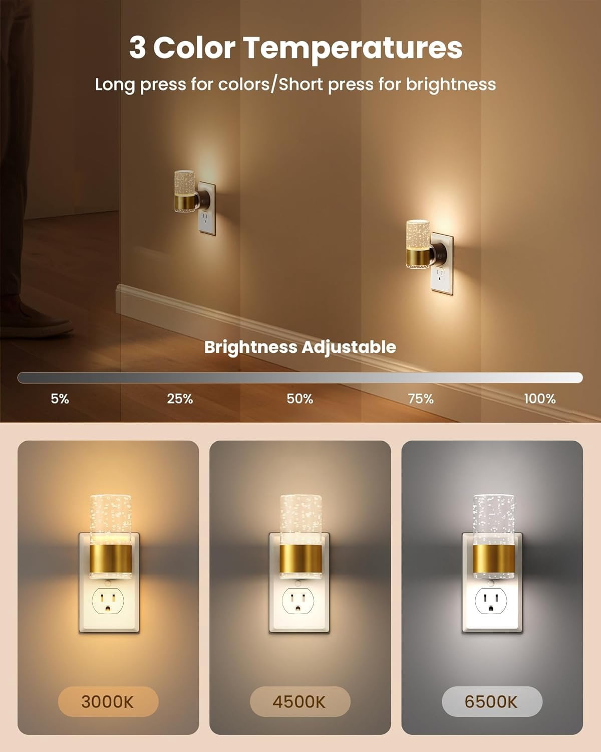 Night Lights Plug into Wall, Dimmable LED Night Light 3 CCT & 5 Brightness Levels,  Bubble Nightlight with Dusk to  Sensor for Hallway, Bathroom, Stair,   2 Pack