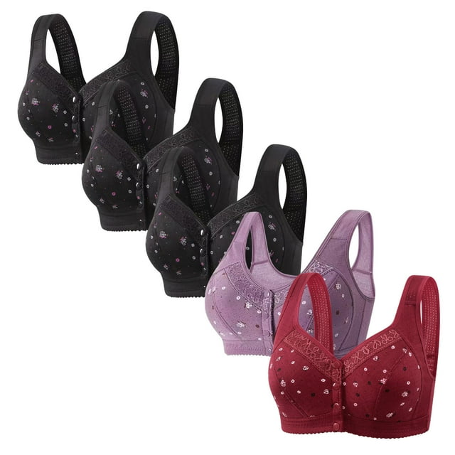 Latrodar Front Closure Bras for Women Bras for Women Wireless 5PCS Supportive Bras No Underwire Posture Correcting Casual Full Coverage Bras with Wide Straps Solid Embroidered Underwear for Lady Swim