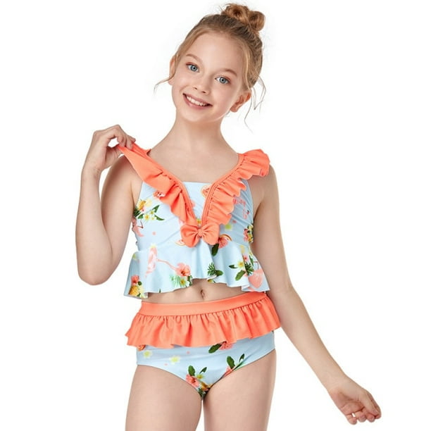 AAMILIFE Girl Swimsuit Kids Ruffle Two Piece Children's Swimwear High waist  Girl Bikini Set Girls Bathing Suit 