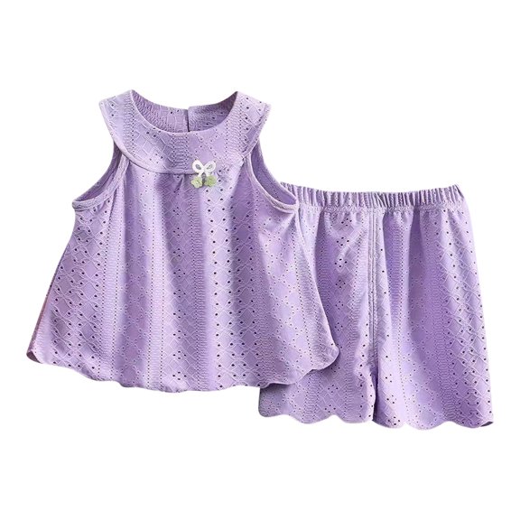 CPNG Toddler Baby Girls Clothes Summer Breathable Eyelet Sleeveless Ruffle Tops Shorts Set Fashionable Casual Suit(Purple,3-4 Years)
