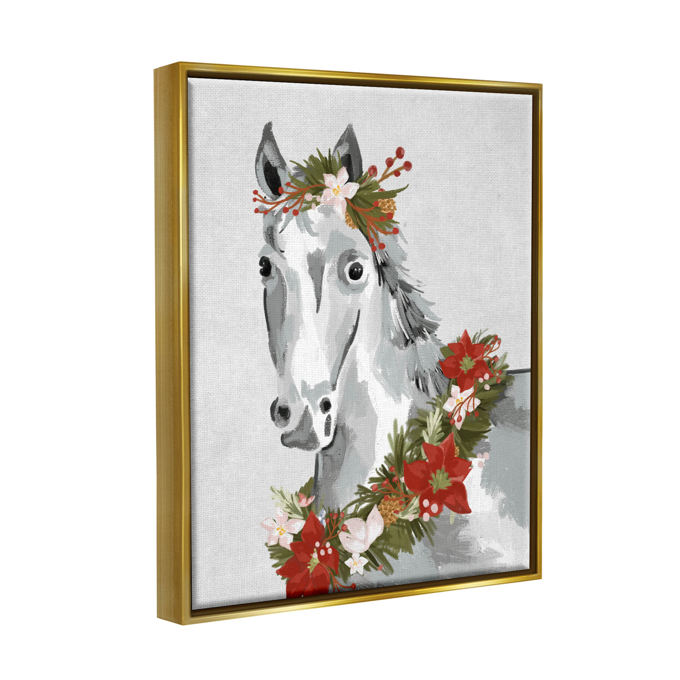 Stupell Industries Festive Holiday Horse Holly Wreath Graphic Art Metallic Gold Floating Framed Canvas Print Wall Art, Design by Laura Konyndyk