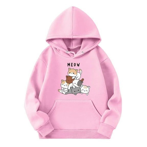 WOYY Toddler Girls Hoodie Cartoon Cat Print Hooded Sweatshirt Casual Pullover Hoodies