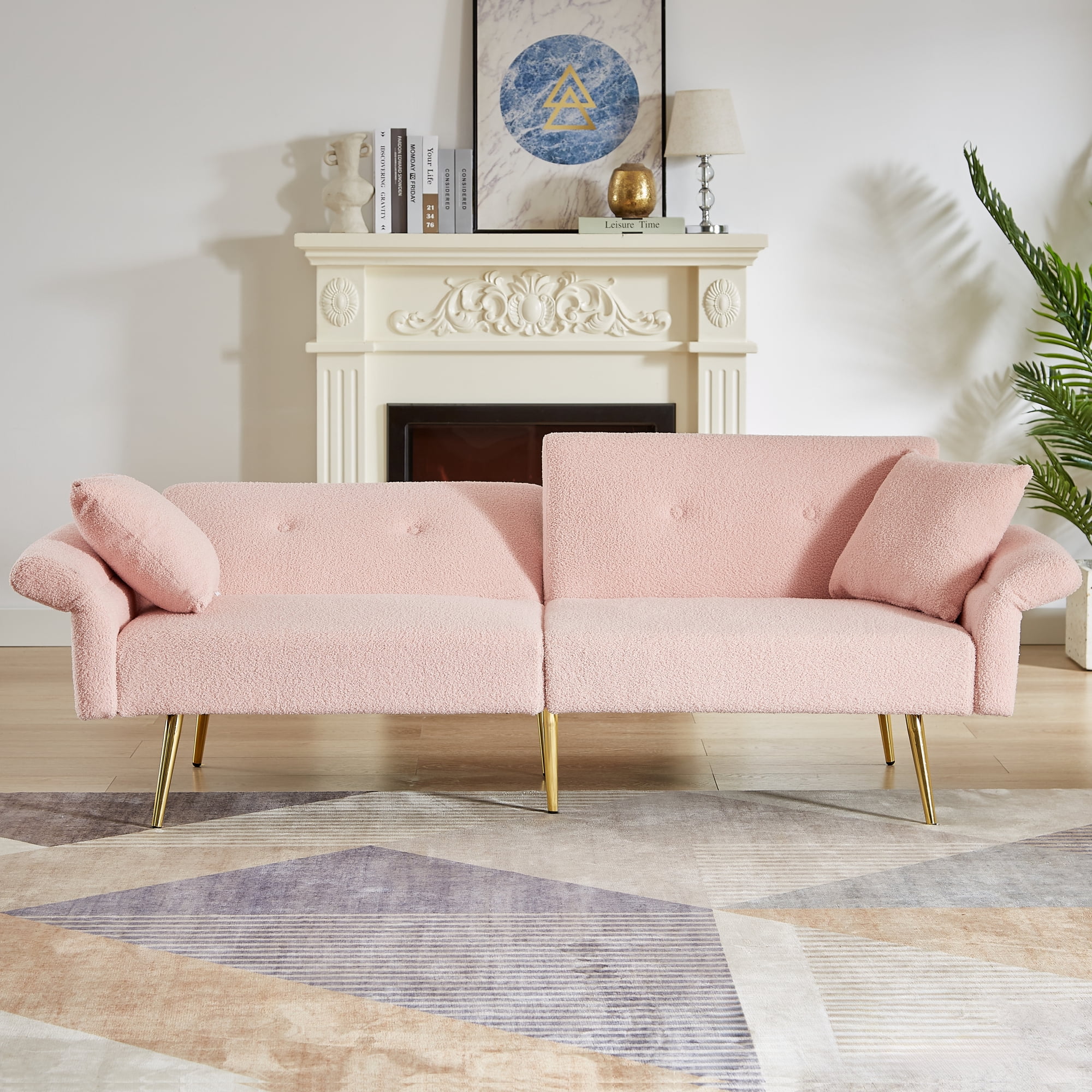 Jopath 80" Futon Sofa Bed,Teddy Upholstered Convertible Loveseat Sleeper Sofa Couch with Foldable Armrest,Adjustable Backrest and Golden Metal Legs for Living Room,Pink