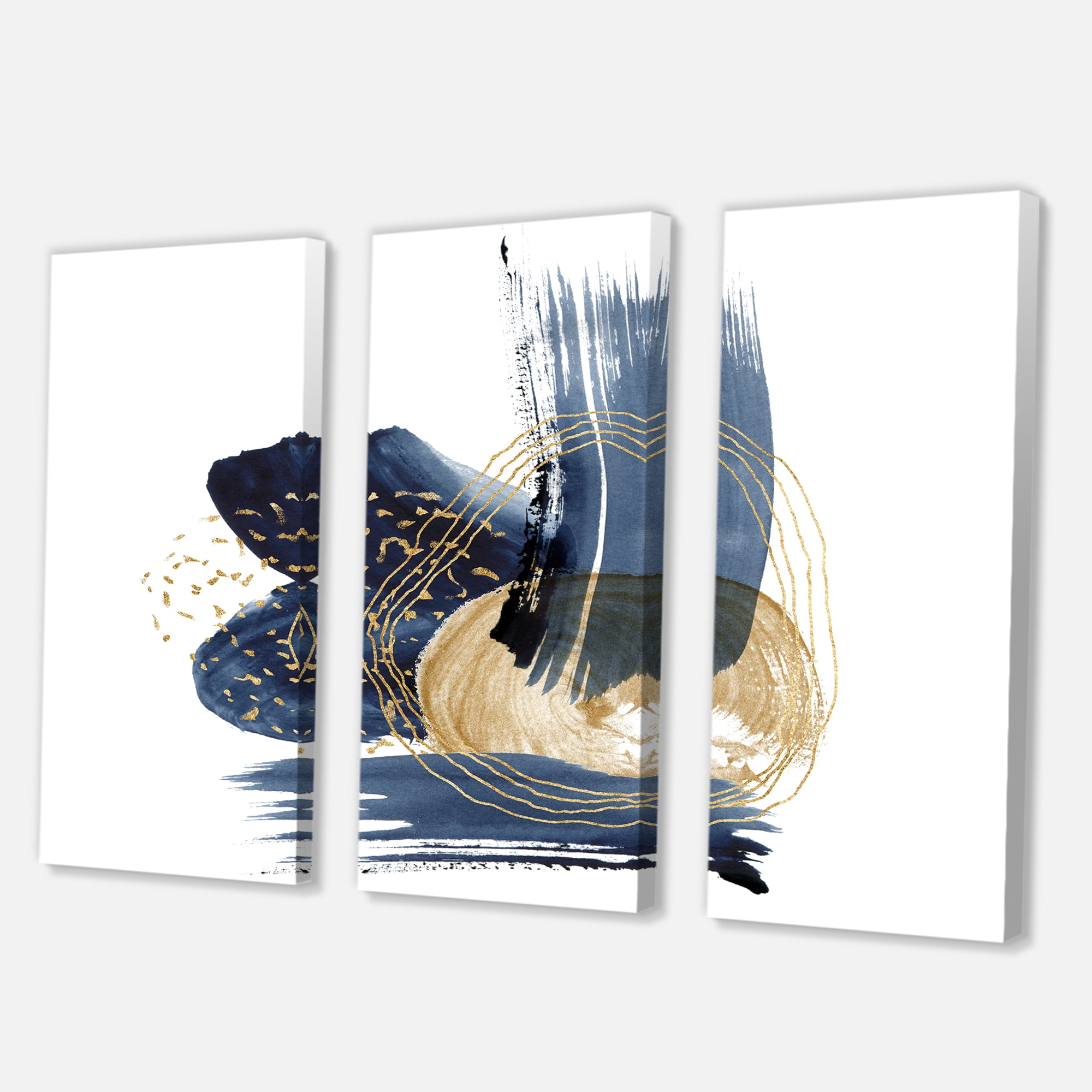 Gold Strokes and Landscape of Dark Blue Mountains II 28 in x 36 in Painting Canvas Art Print, by Designart