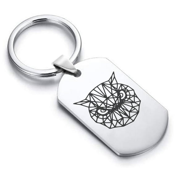 Stainless Steel Geometric Polygon Owl Animal Dog Tag Keychain Circle Ring