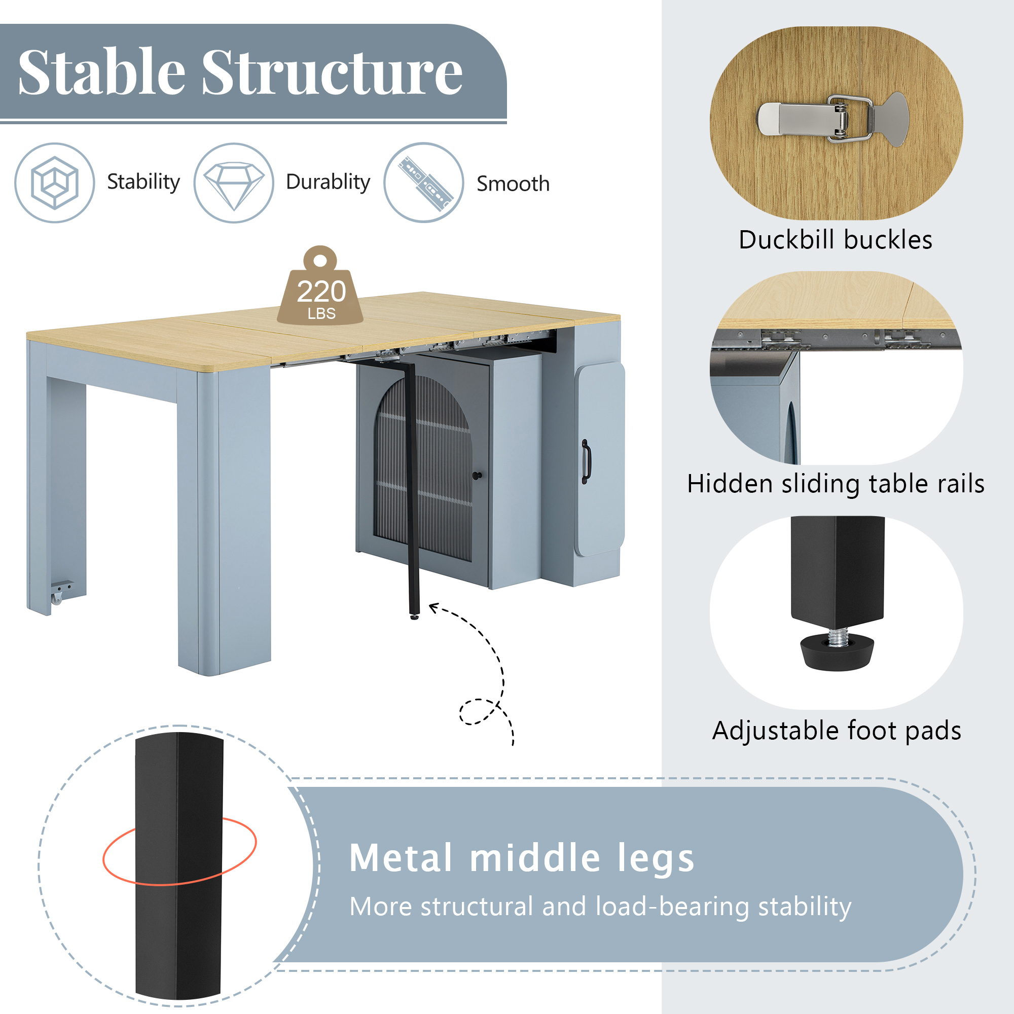 Euroco 59" Extendable Dining Table with 3 Removable Leaves for 4,Mobile Rolling Island Table with Power Outlet and Saving-Space Cabinet for Kitchen Living Room,Grey-Blue