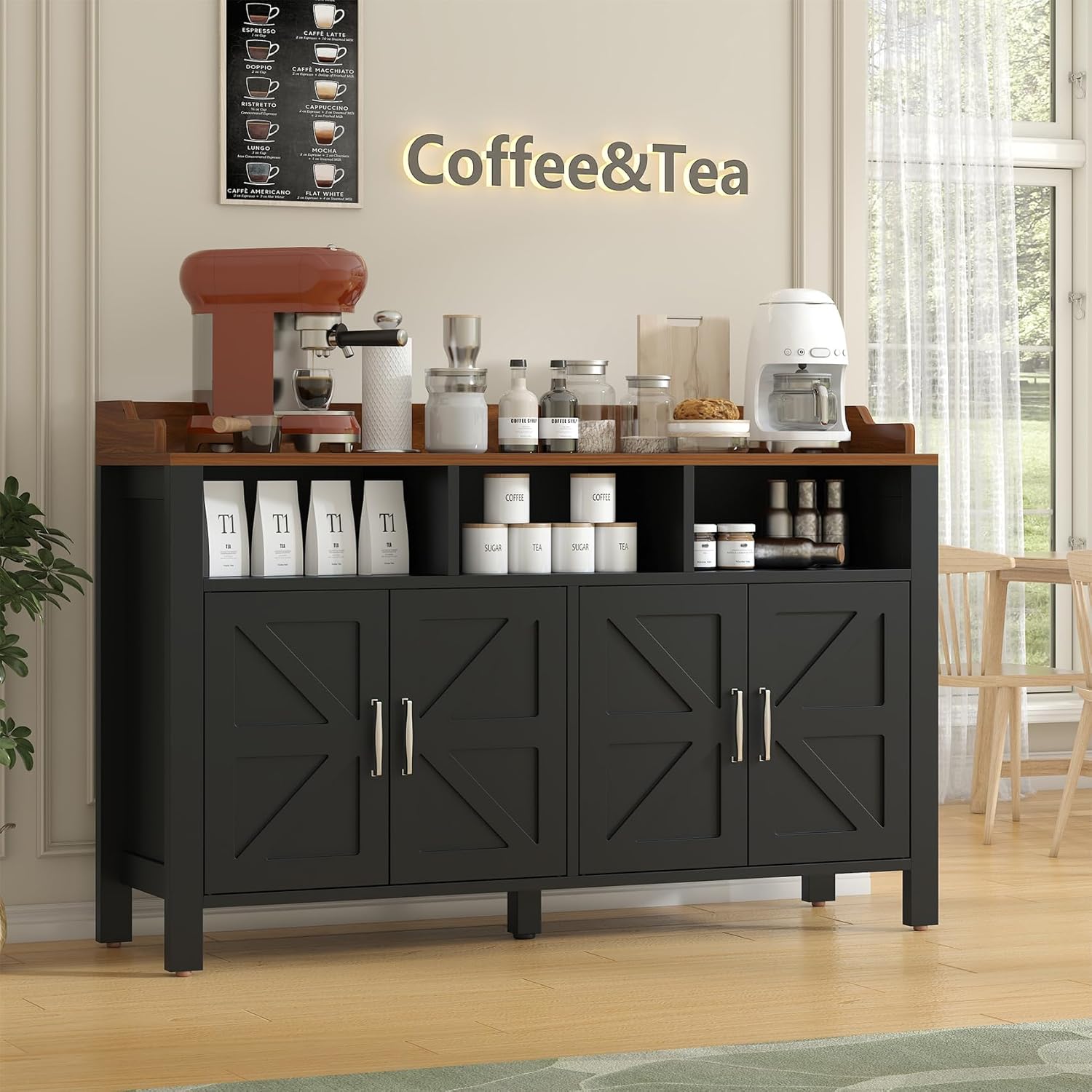 HAUXITIO 55" Farmhouse Buffet Cabinet with 4 Doors & Open Shelves,Kitchen Storage Sideboard for Dining Room & Living Room,Black