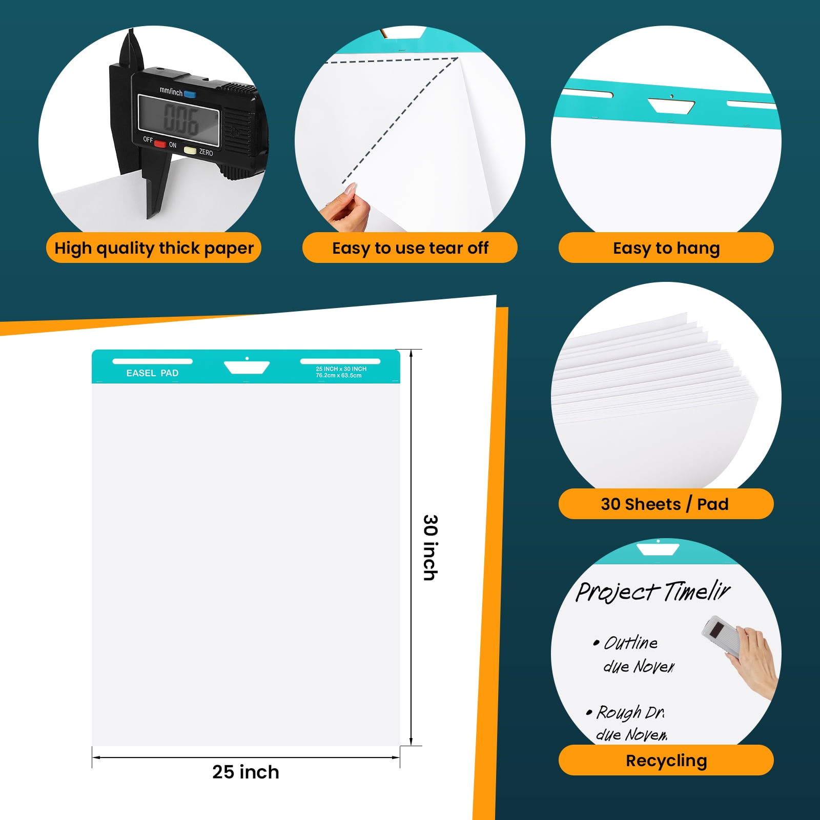 Sticky Easel Pad, 25 x 30 Inch, White, 30 Sheets/Pad, 6 Pads/Pack, Flip Chart Paper for Teachers,Large Self-Stick Easel Paper, Super Sticking Power & Bleed-Resistant