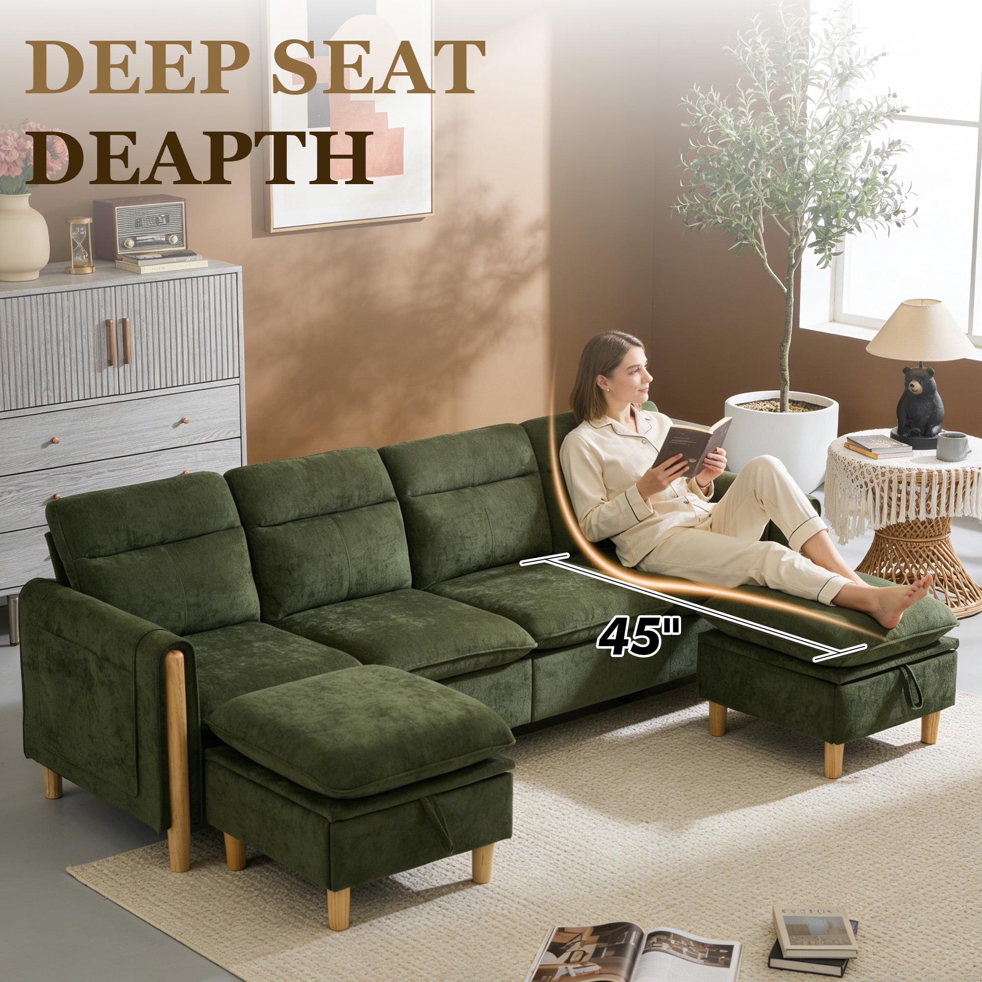 MOONMISS 4-Seater Chenille Sectional Sofa with 2 Storage Ottoman & Side Pocket Convertible Chaise Lounge for Living Room,Olive