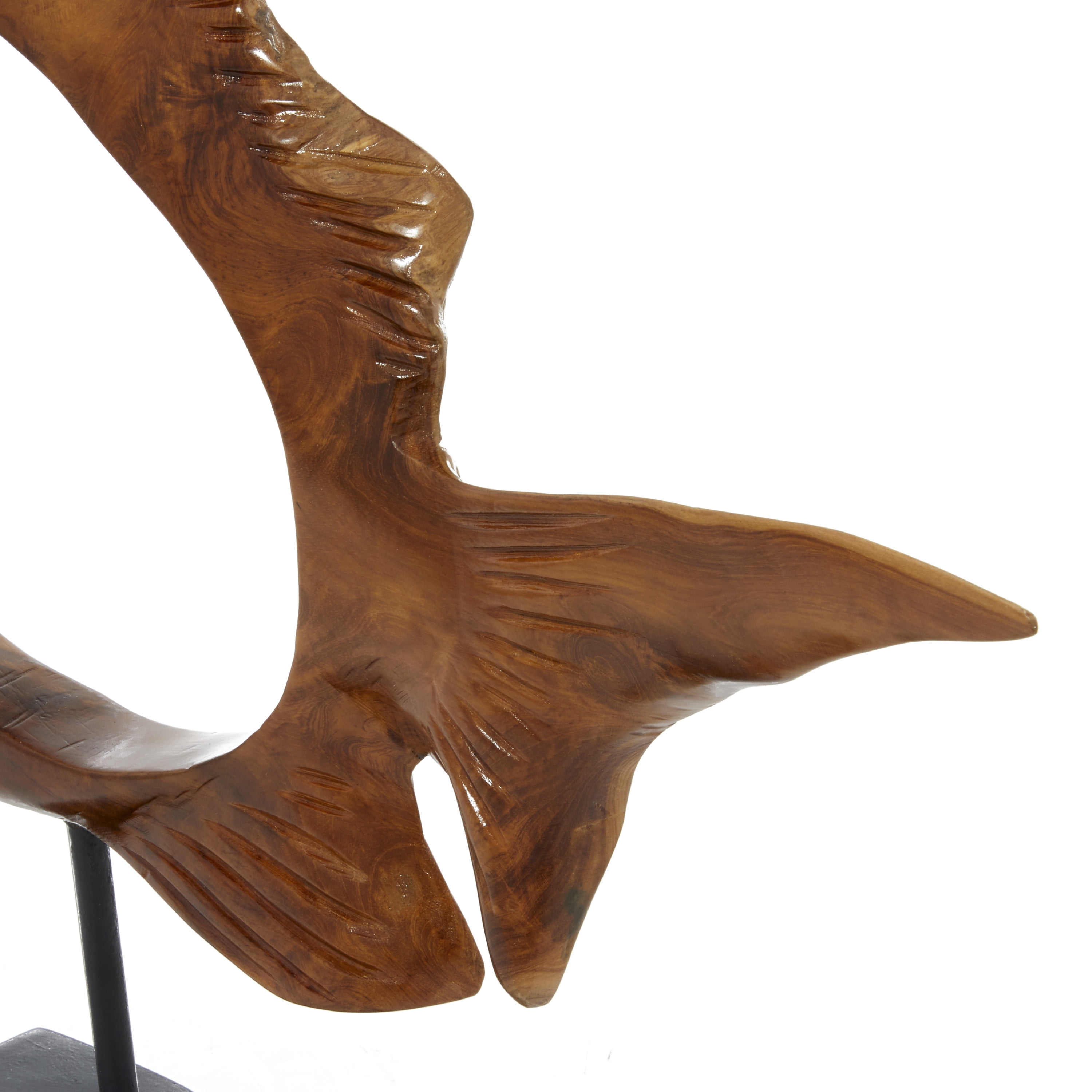 19" x 16" Brown Teak Wood Handmade Carved Fish Sculpture with Stand, by DecMode
