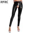 thumbnail image 2 of Lencería Sexy para mujer, mallas sin entrepierna de látex, ajustadas y de Color sólido, cintura alta, pantalones largos exóticos de cuero brillante, ropa para discoteca, 2 of 4