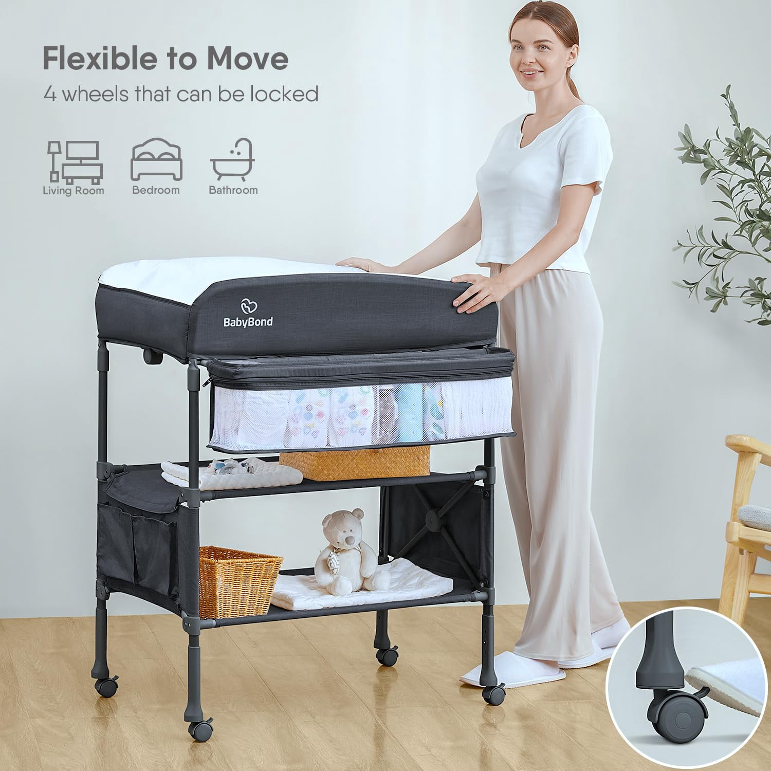 0-18 Month Newborn Baby Changing Table, Portable, with Storage Space, Height-Adjustable, with Wheels