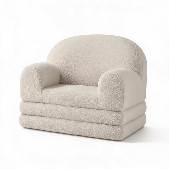 2-in-1 Convertible Kids Sofa Chair and Foldable Bed with Soft Sherpa or Bear Upholstery – Lightweight. Washable Cover. Safe for Playrooms & Nurseries