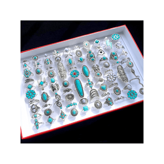 20 Random Turquoise Pinky Rings Bohemian Style Silver-Tone Artificial Stone Finger Jewelry Set For Women