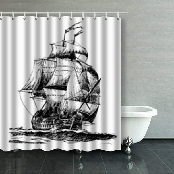 Bpbop Hand Drawn Vintage Sailing Ship, Sailing Ship Shower Curtain