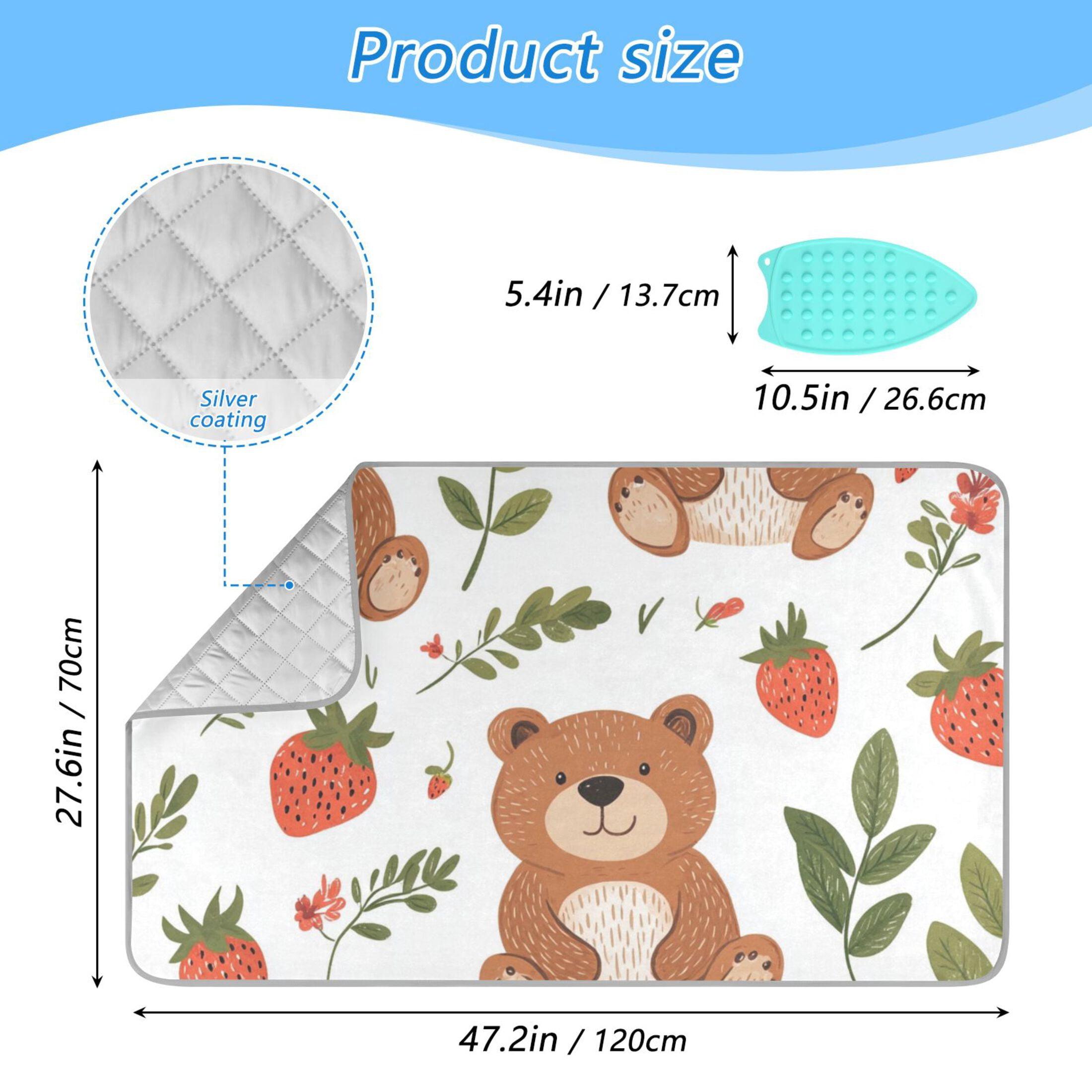 Cute Bears with Leaves Strawberries Ironing Mat Blanket Portable Travel Ironing Pad Heat Resistant Pad 47.2" x 27.6”