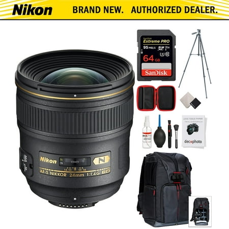 Nikon 24mm F/1.4G ED AF-S FX Full Frame Wide-Angle Lens w/ 64GB Accessory Bundle Includes, 64GB SDXC Memory Card, Photo Camera Sling Backpack, All-in-One Cleaning Kit w/ Case and 60-Inch Video