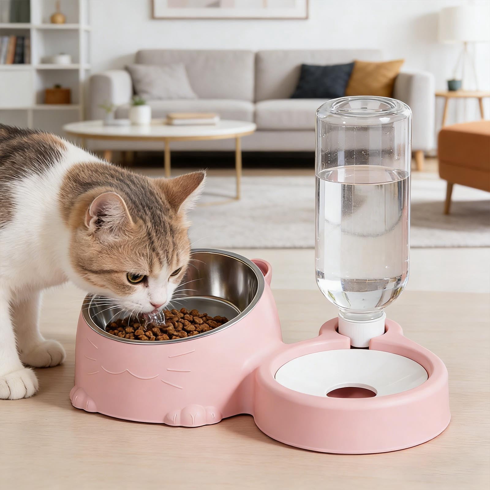 Double Cat Bowl Feeder with Automatic Water Dispenser Elevated Pet Food and Water Station for Small Animals