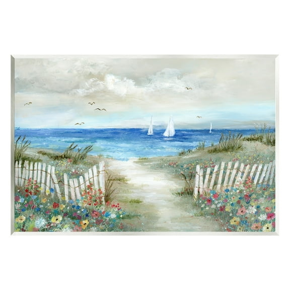 Stupell Industries Tranquil Beachside Flower Meadow Ocean Sailboats Scene Painting Unframed Art Print Wall Art, Design by Nan