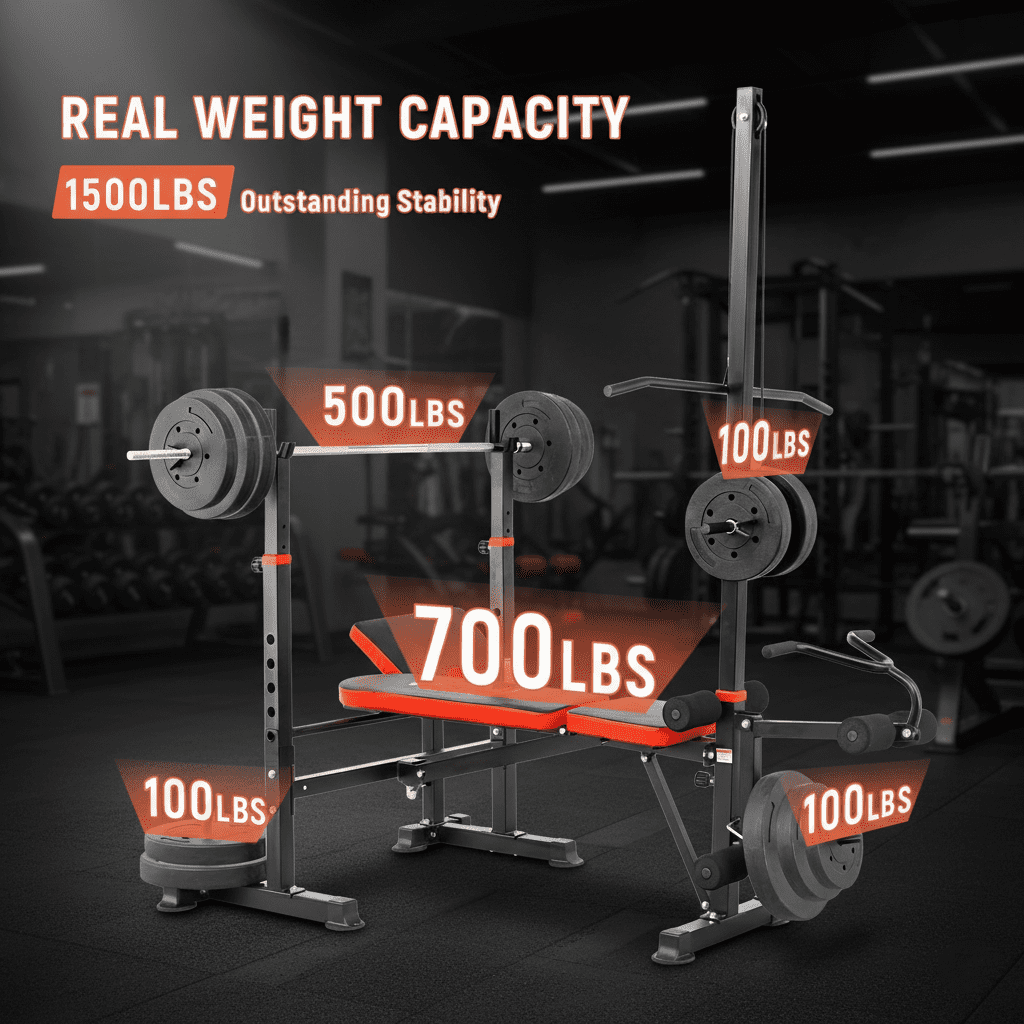 PUATUL 1500LB 8 IN 1 Olympic Weight Bench with Lat Pulldown Attachment and Leg Extension/Curl, Foldable Incline Bench Press with Preacher Curl & Barbell Squat Rack,  Workout Bench for Home Gym
