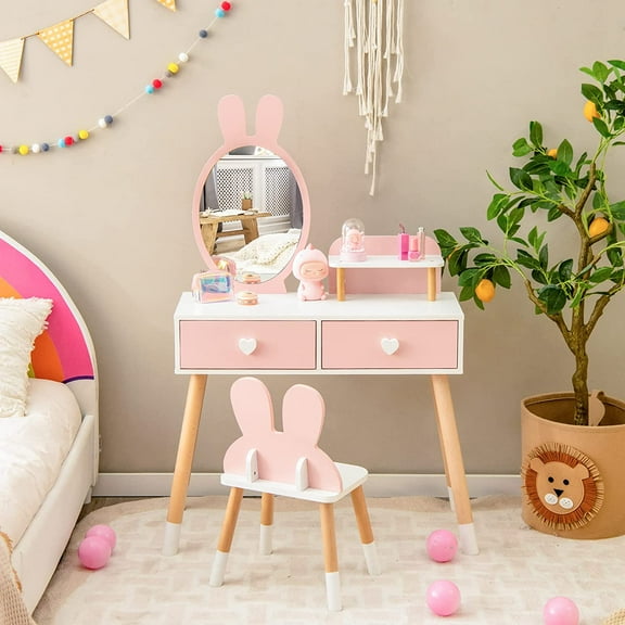 INFANS Kids Vanity Set, 2 in 1 Wooden  Makeup Table and Chair with Mirror Storage Drawers Shelf, for Little Girls, Rabbit Themed Toddler Dressing Desk Beauty Play Set Gift