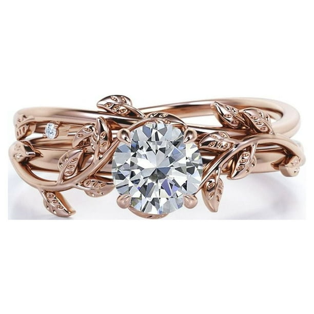 JeenMata Juego de Anillos de Boda de Moissanita de Fuego de Corte Redondo de 0,50 Quilates Juego de Bodas de Moissanita Vintage: Oro Rosa de 18 K sobre Plata