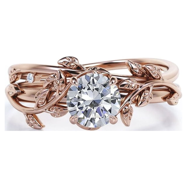 JeenMata Juego de Anillos de Boda de Moissanita de Fuego de Corte Redondo de 0,50 Quilates Juego de Bodas de Moissanita Vintage: Oro Rosa de 18 K sobre Plata