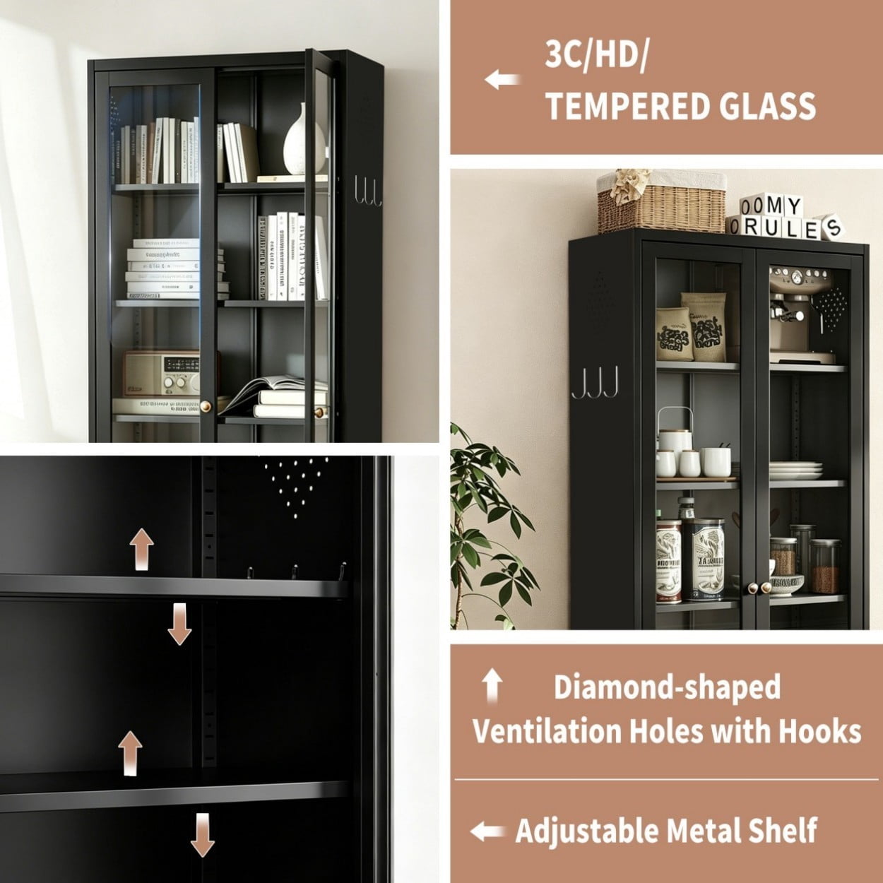72" Tall Metal Kitchen Pantry Cabinet, Freestanding Storage Cabinet with Glass Doors, 5 Adjustable Shelves, Heavy Duty Steel Organizer for Kitchen Bathroom Pantry, Black