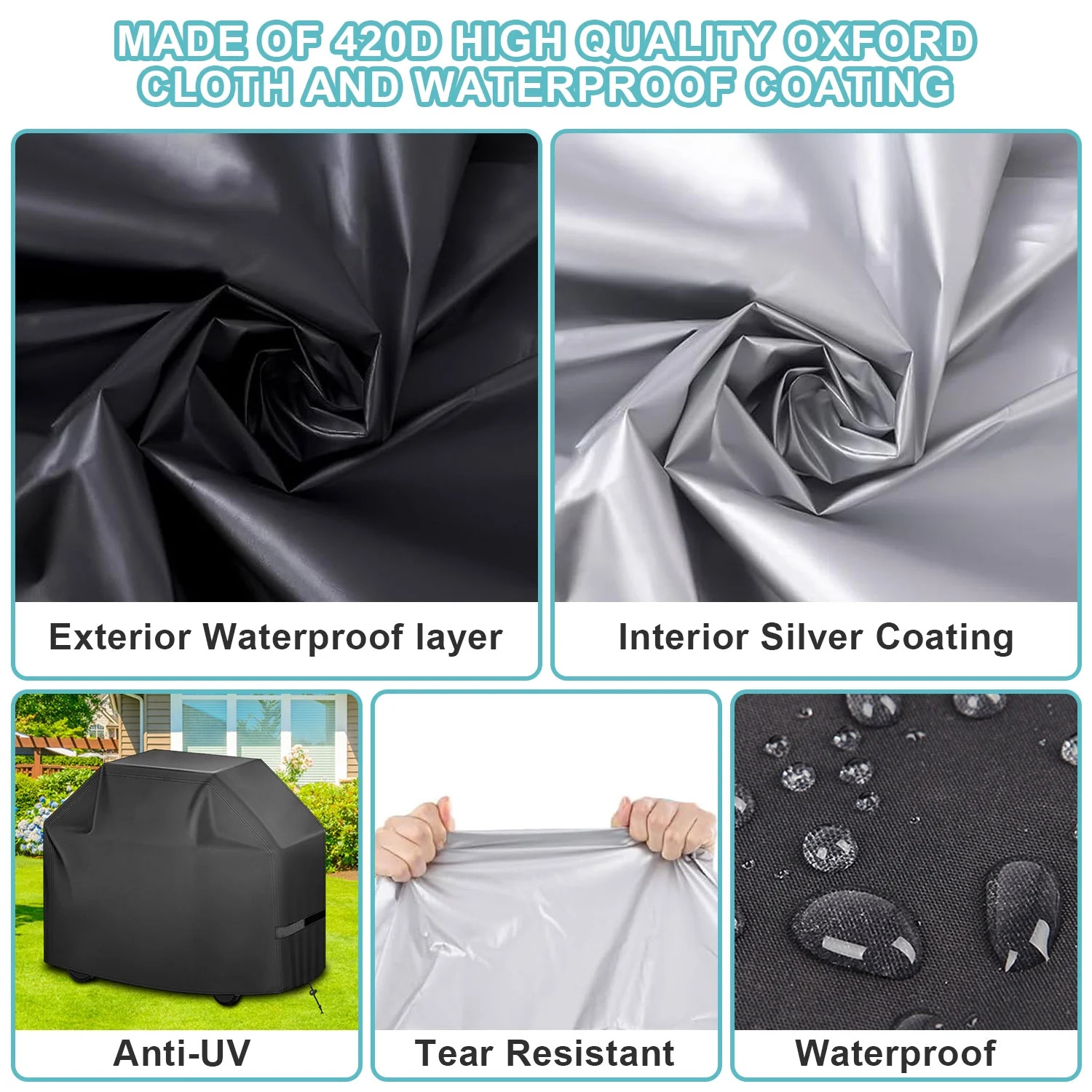 HTB BBQ Grill Cover, 58inch Weather-Resistant Grill Cover for Outdoor Grill, Waterproof Gas Grill Covers with Adjustable Drawstring, Rip-Proof Barbecue Cover for Weber Nexgrill Grills and More - image 5 of 7