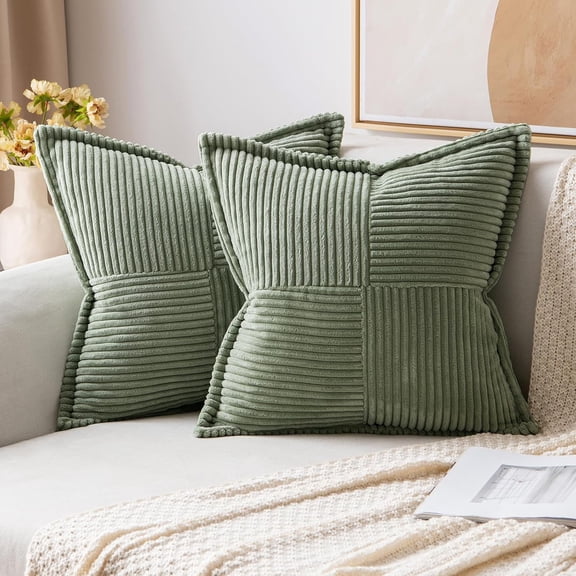 Lanola Decorative Throw Pillow Covers for Couch Bed Livingroom 18x18 Inch Set of 2 Beige Boho Accent Throw Pllows Broadside Striped Patchwork Soft Corduroy Pillowcases