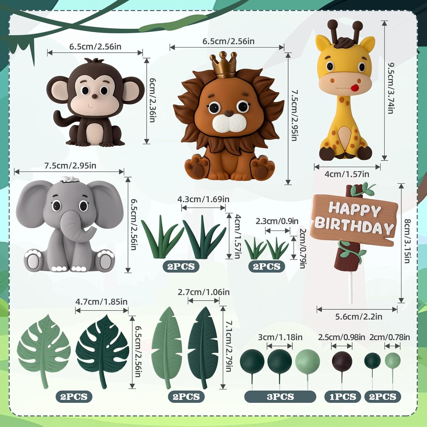 19pcs Safari Animal Cake Topper - Jungle Wild Toppers with Leaves Balls Decorations for Animals Themed Birthday Party (Safari Style)